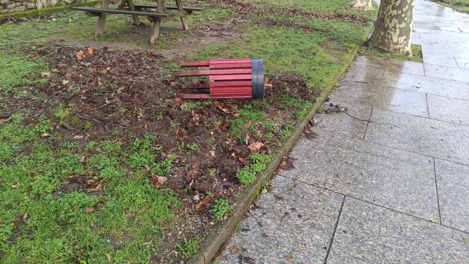 Papelera vandalizada en una zona verde Papelera vandalizada en una zona verde
