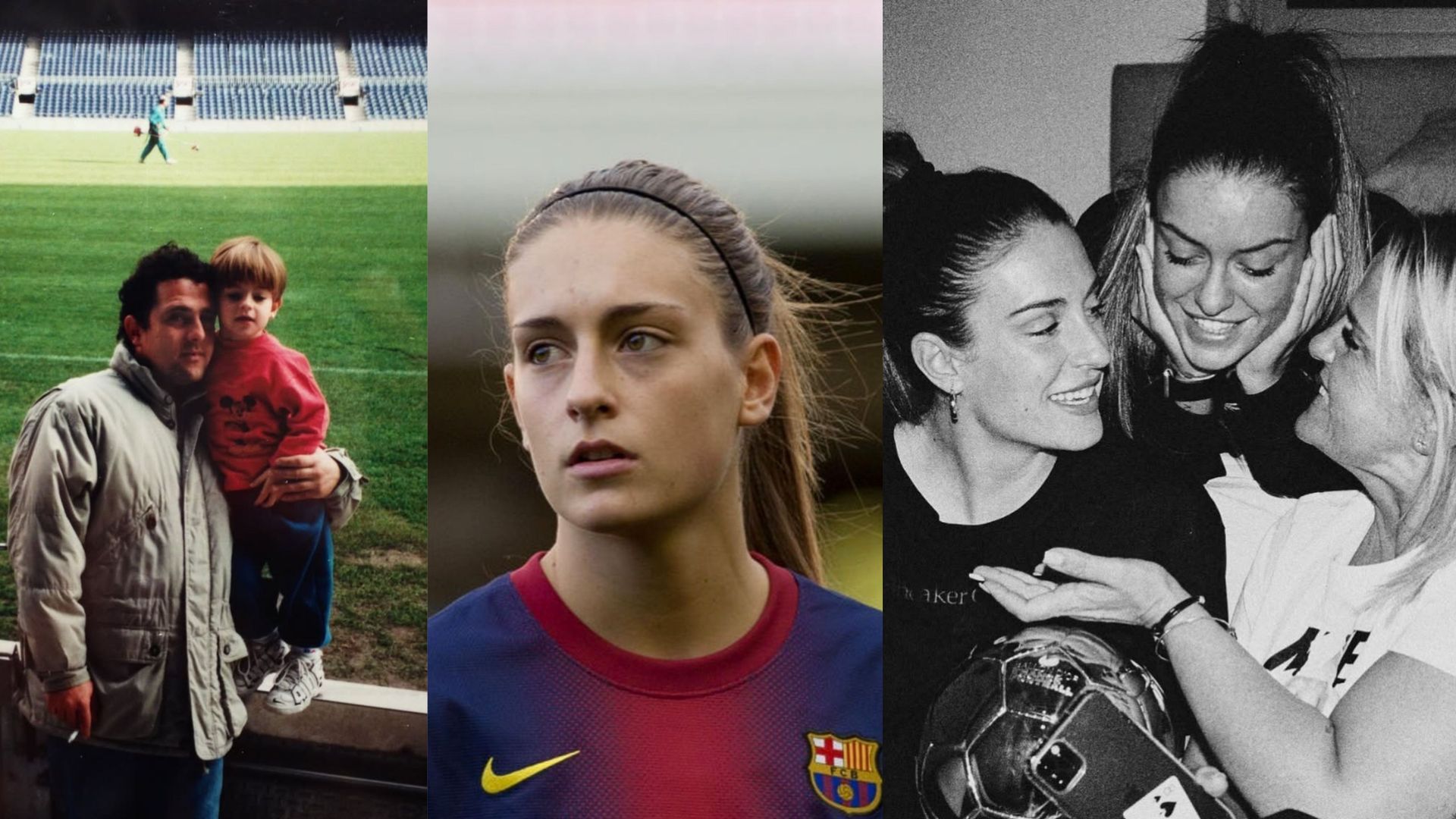 Fotomontaje con Alexia Putellas con el uniforme del Barça en el centro; a la izquierda, de pequeña con su padre, Jaume; a la derecha, con su hermana y su madre