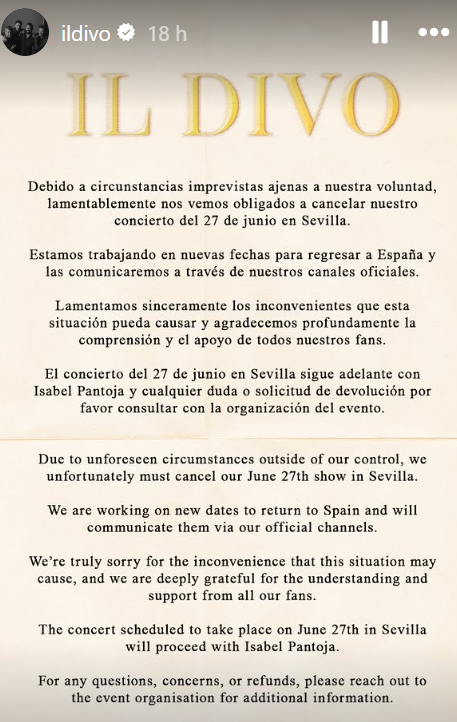 El comunicado de Il Divo en redes sociales