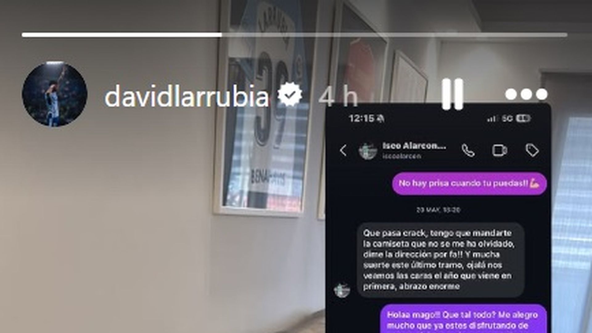 Mensaje de Larrubia a Isco en Instagram.