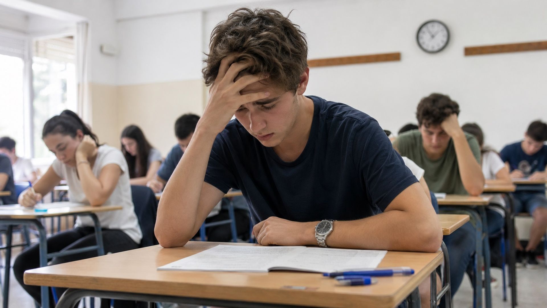 Un estudiante haciendo un examen y quedándose bloqueado Un estudiante haciendo un examen y quedándose bloqueado