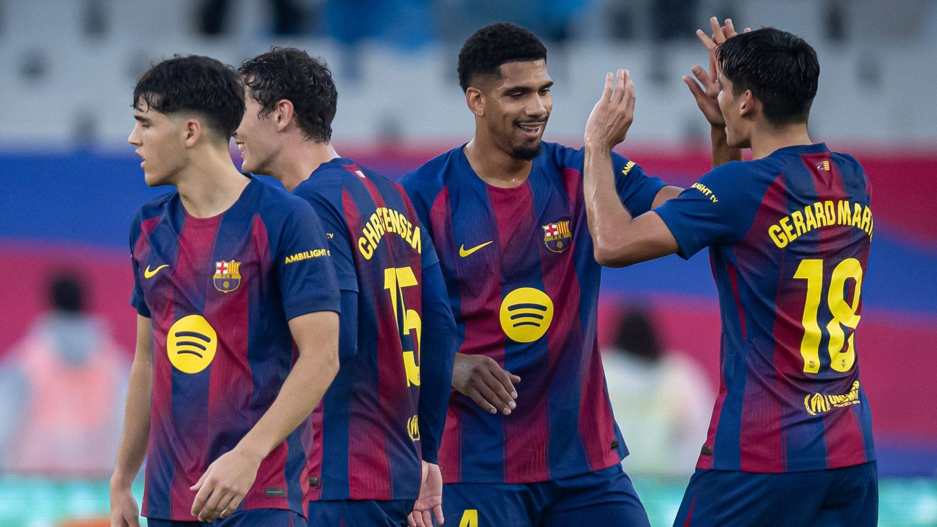 Pau Cubarsí, Andreas Christensen, Ronald Araújo y Gerard Martín, jugadores del FC Barcelona Pau Cubarsí, Andreas Christensen, Ronald Araújo y Gerard Martín, jugadores del FC Barcelona