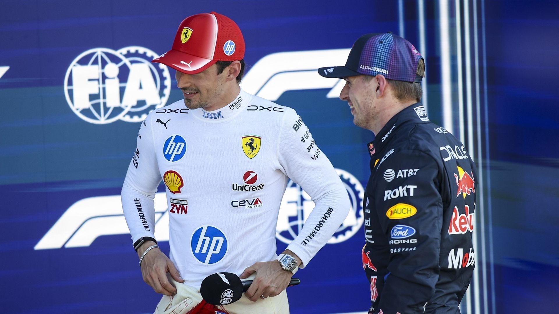 Charles Leclerc y Max Verstappen después de la clasificación del Gran Premio de Miami