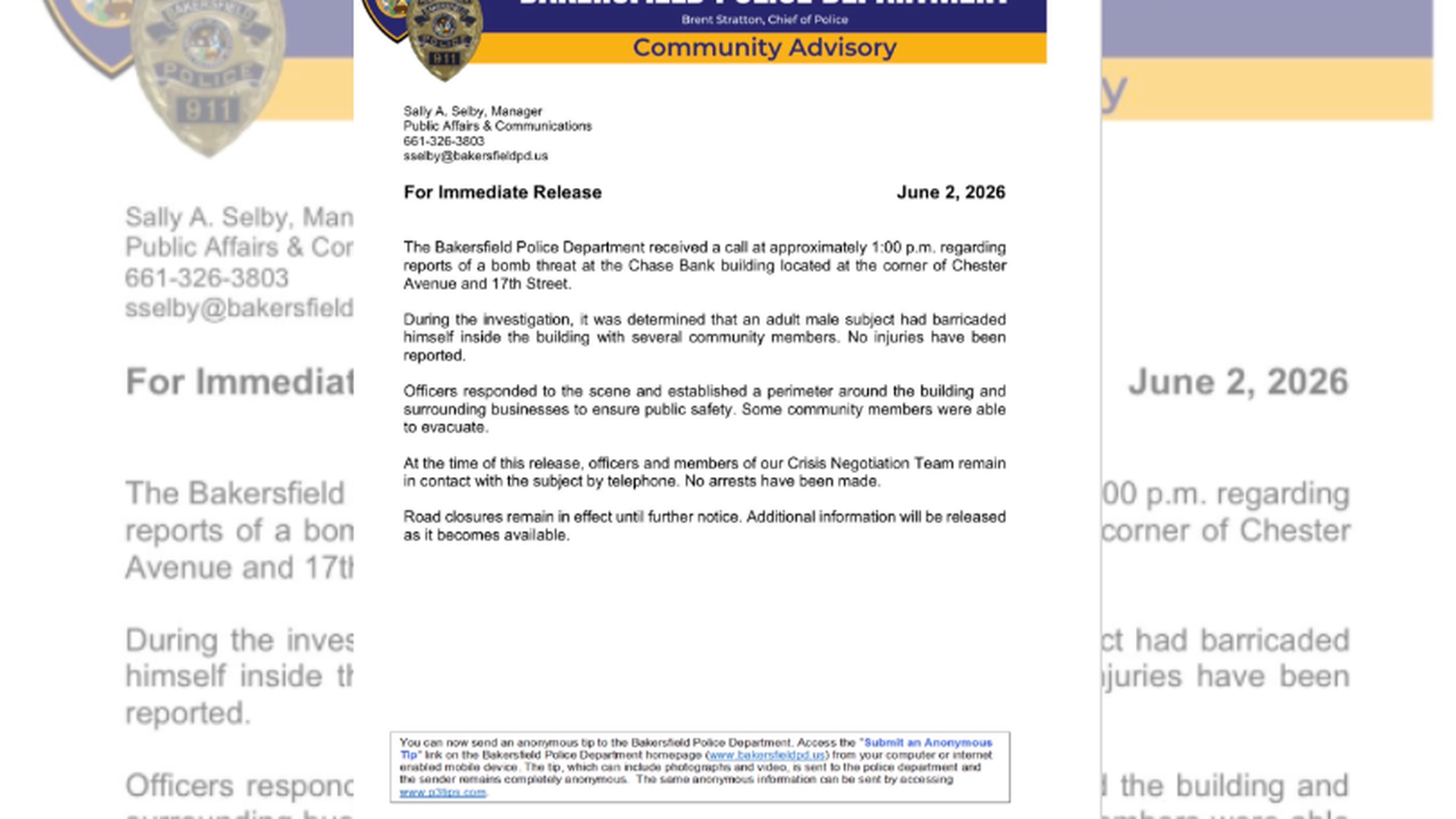 Comunicadp del Departamento de Policía de Bakersfield, California