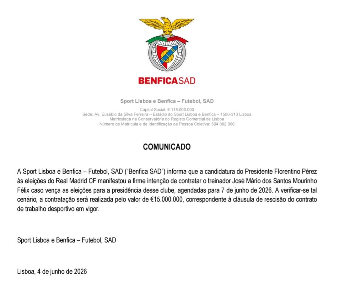 El comunicado del Benfica oficializando la salida de José Mourinho