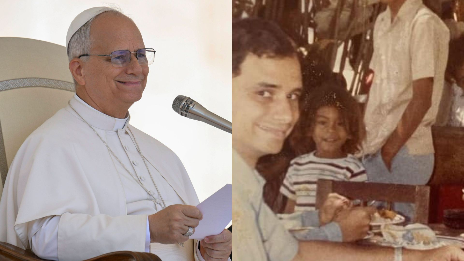 Fotomontaje del papa León XIV en una imagen reciente y en una de su juventud, en Perú