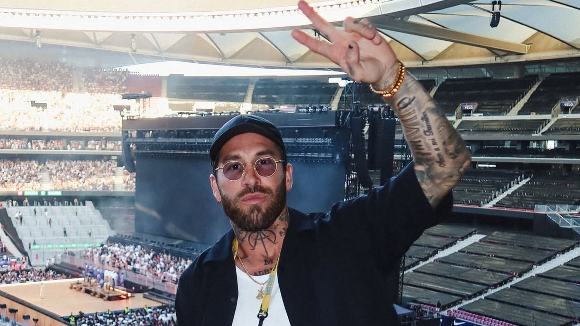 Sergio Ramos, en el concierto de Bad Bunny en el Metropolitano
