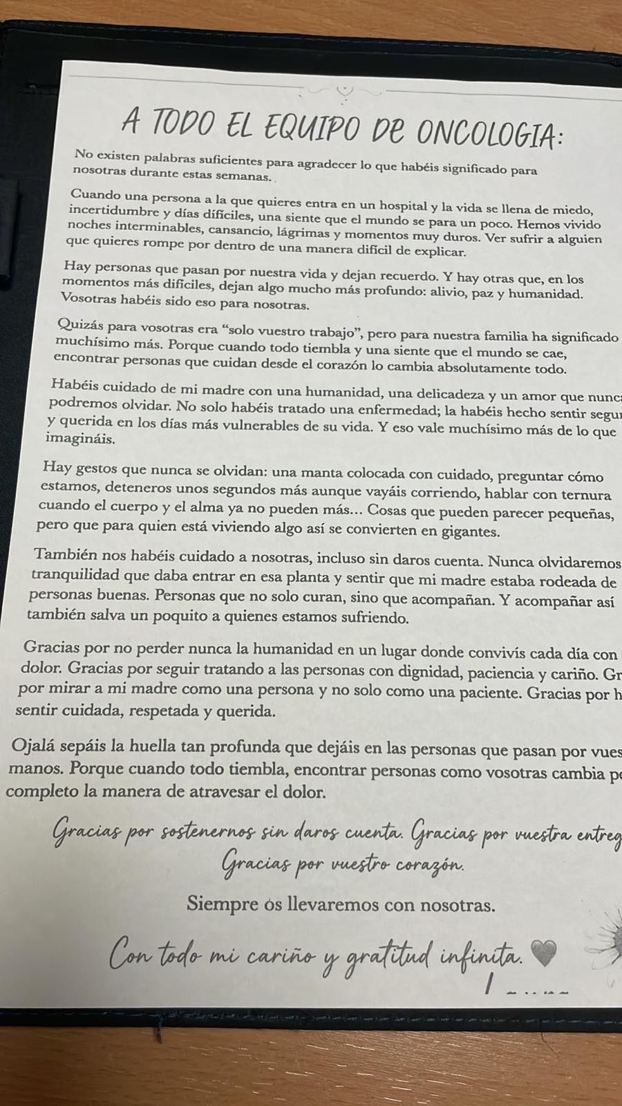 Carta de despedida que una familia ha dejado a la Unidad de Oncología del CHOP de Pontevedra