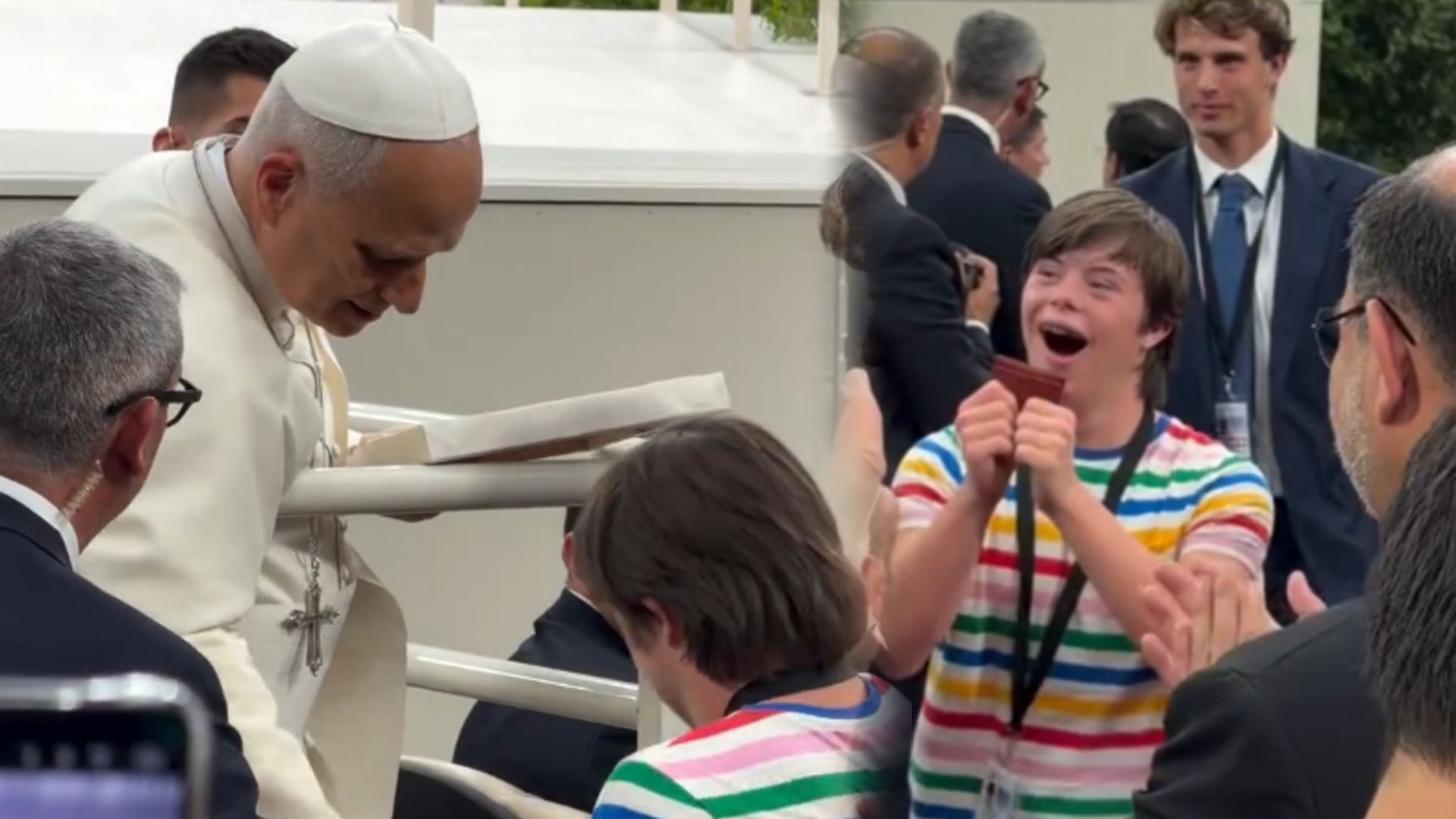 La alegría de Roscón, el hijo de Samantha Vallejo-Nágera, tras entregarle un cuadro al papa León XIV en el Santiago Bernabéu La alegría de Roscón, el hijo de Samantha Vallejo-Nágera, tras entregarle un cuadro al papa León XIV en el Santiago Bernabéu