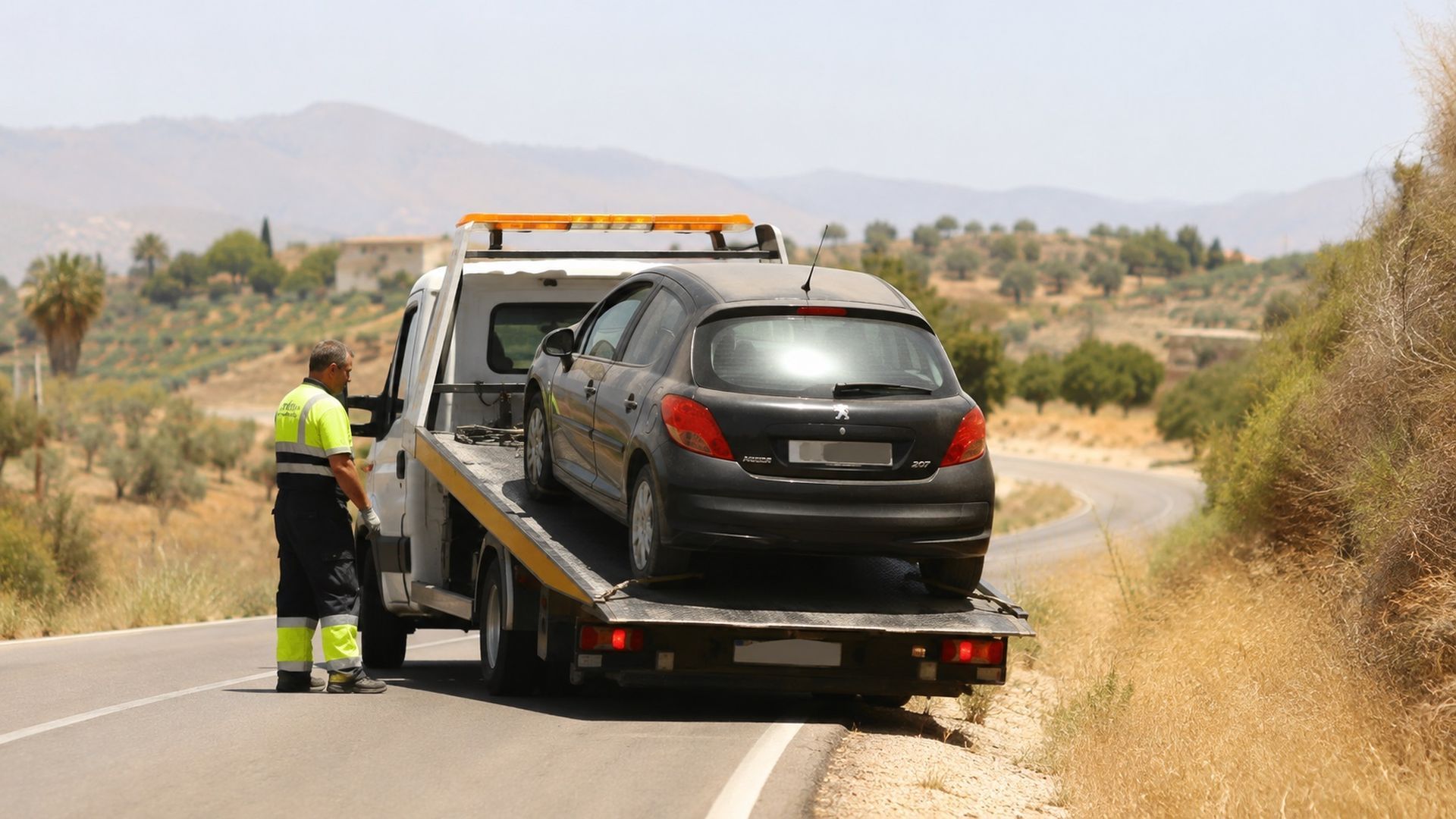 Retirando un vehículo estropeado en un día de calor extremo Retirando un vehículo estropeado en un día de calor extremo