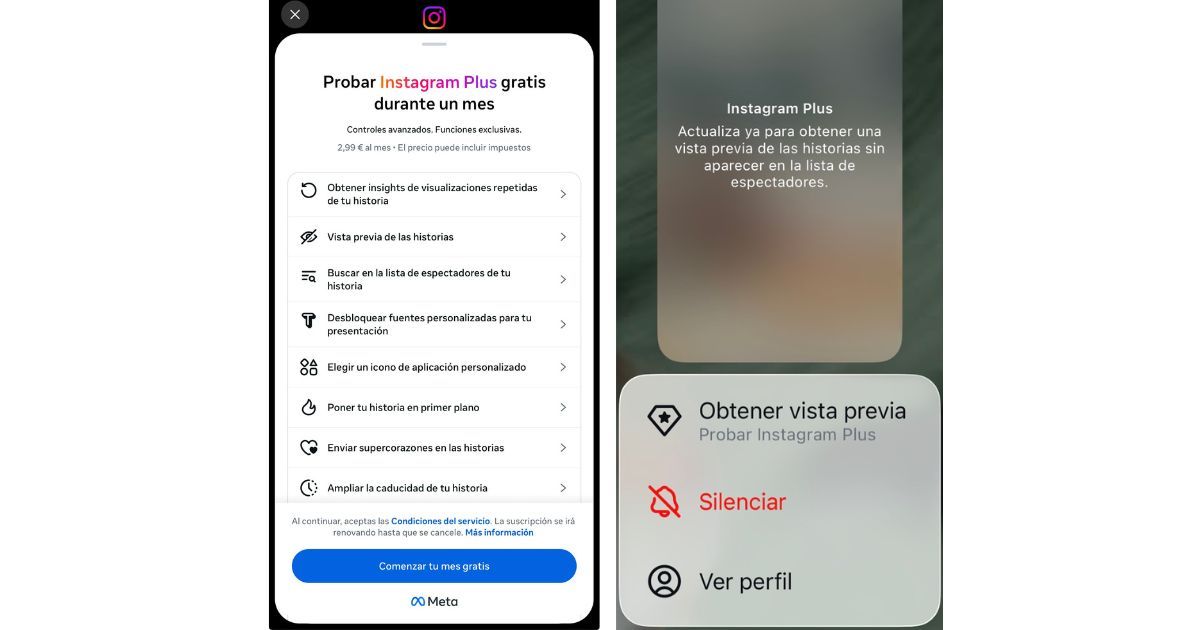 Avisos de suscripción de Instagram Plus