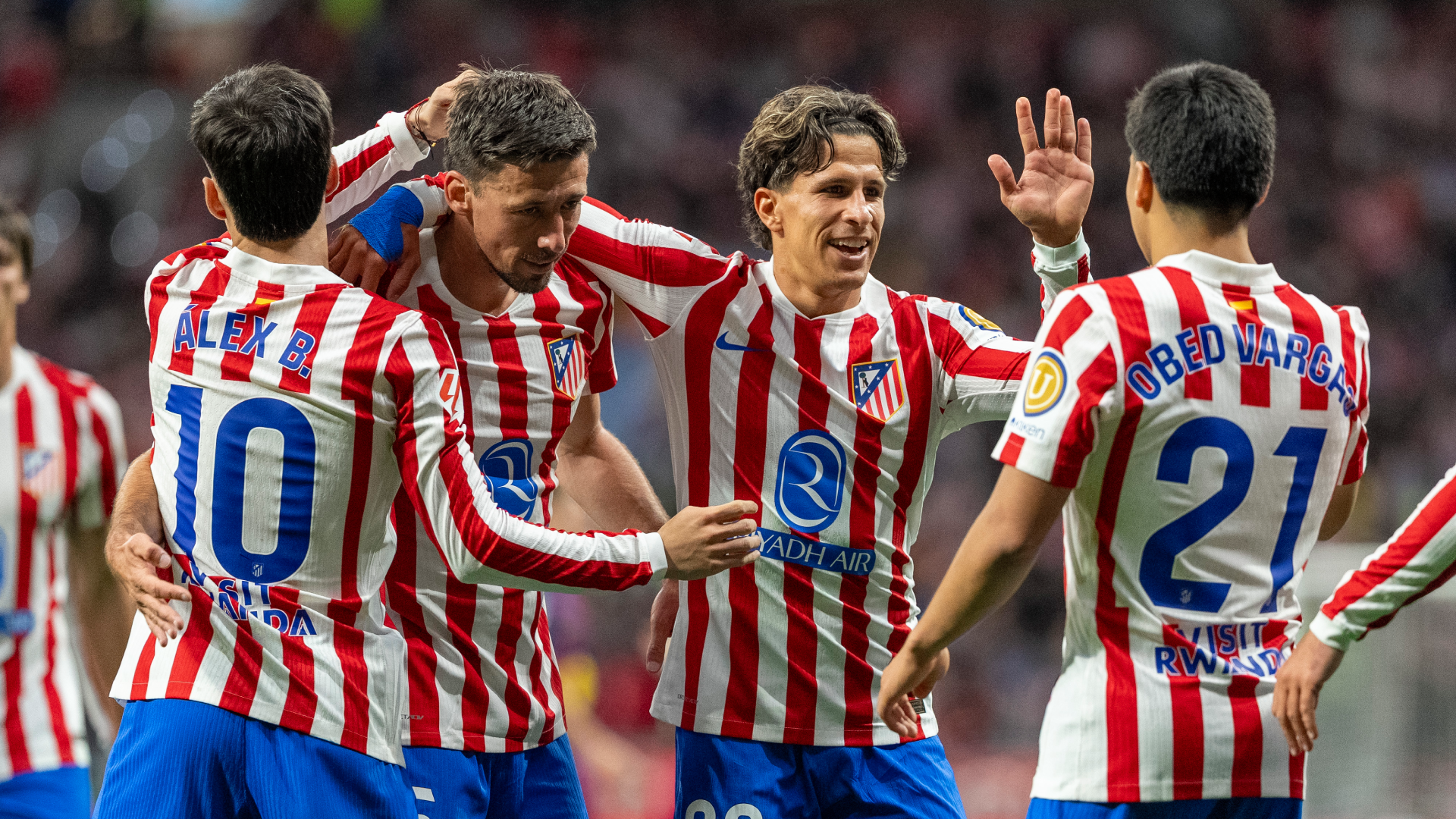 Baena, Lenglet, Giuliano y Obed Vargas celebran un gol del Atlético Baena, Lenglet, Giuliano y Obed Vargas celebran un gol del Atlético