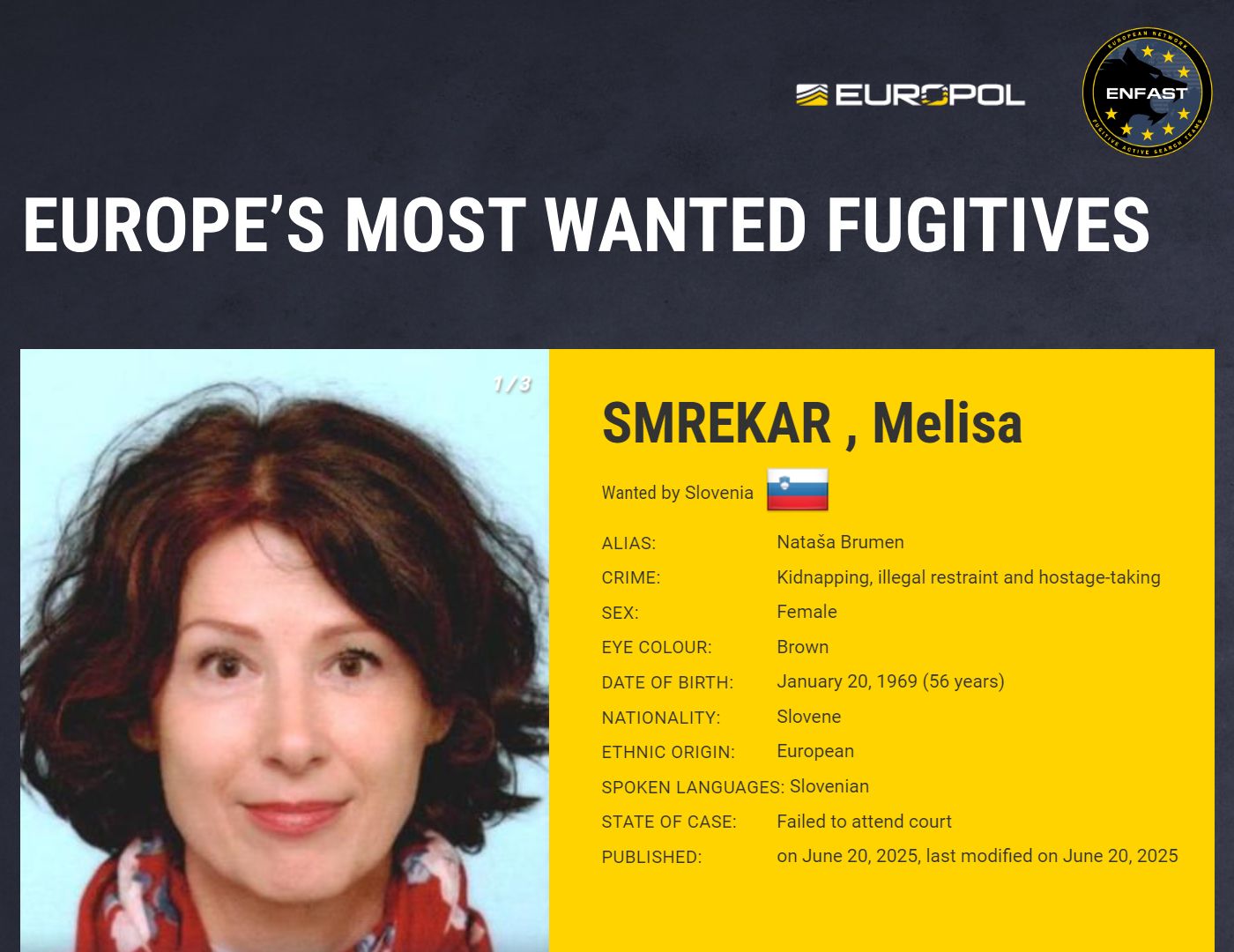 Cartel de búsqueda de Melisa Smrekar difundido por Europol