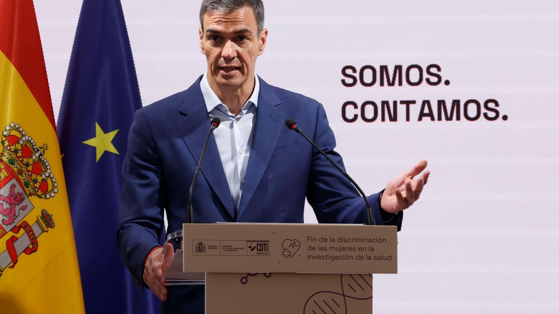 El presidente del Gobierno, Pedro Sánchez durante la presentación del programa ‘Somos. Contamos: fin de la discriminación de las mujeres en la investigación de la salud’