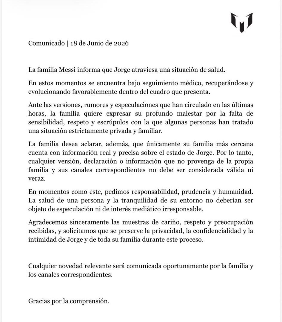 El comunicado de la familia de Leo Messi sobre el estado de Jorge, su padre