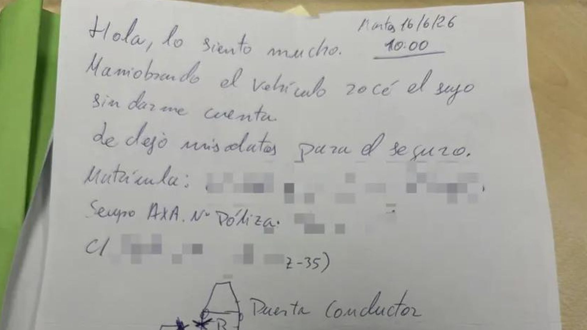 La nota dejada por el conductor en Maracena La nota dejada por el conductor en Maracena