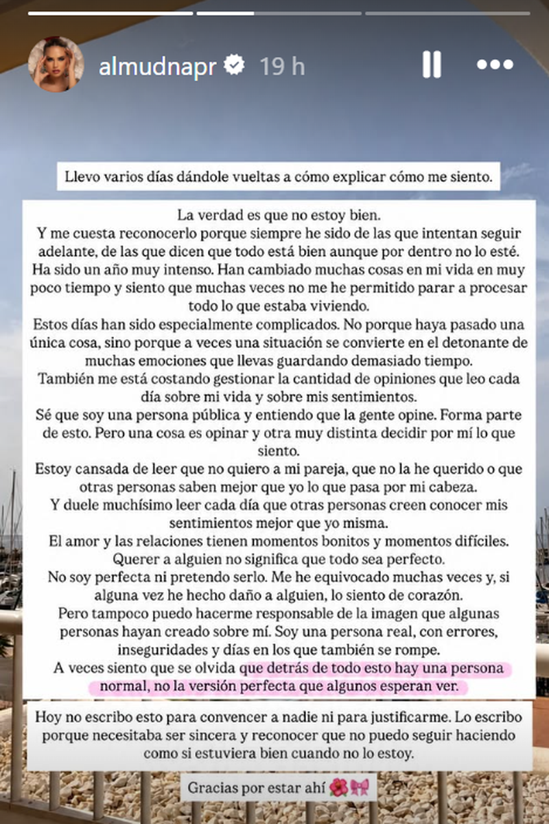 Almudena se pronuncia sobre su crisis con Borja