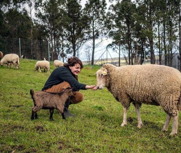 Mara con una pequeña cabra y una oveja en el refugio