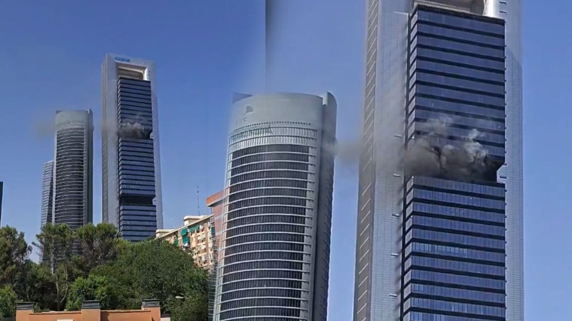 Incendio en una de las cuatro torres de Madrid: fuego y gran humareda en el edificio de Moeve Incendio en una de las cuatro torres de Madrid: fuego y gran humareda en el edificio de Moeve