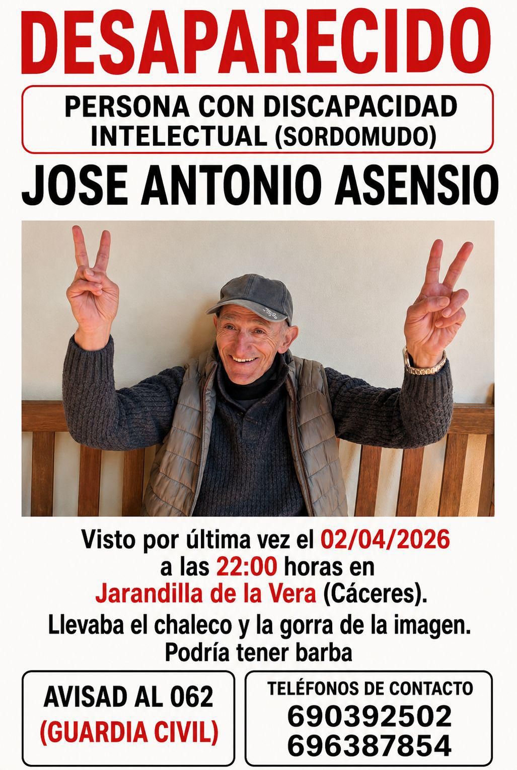 Cartel de búsqueda José Antonio, desaparecido en Jarandilla de la Vera
