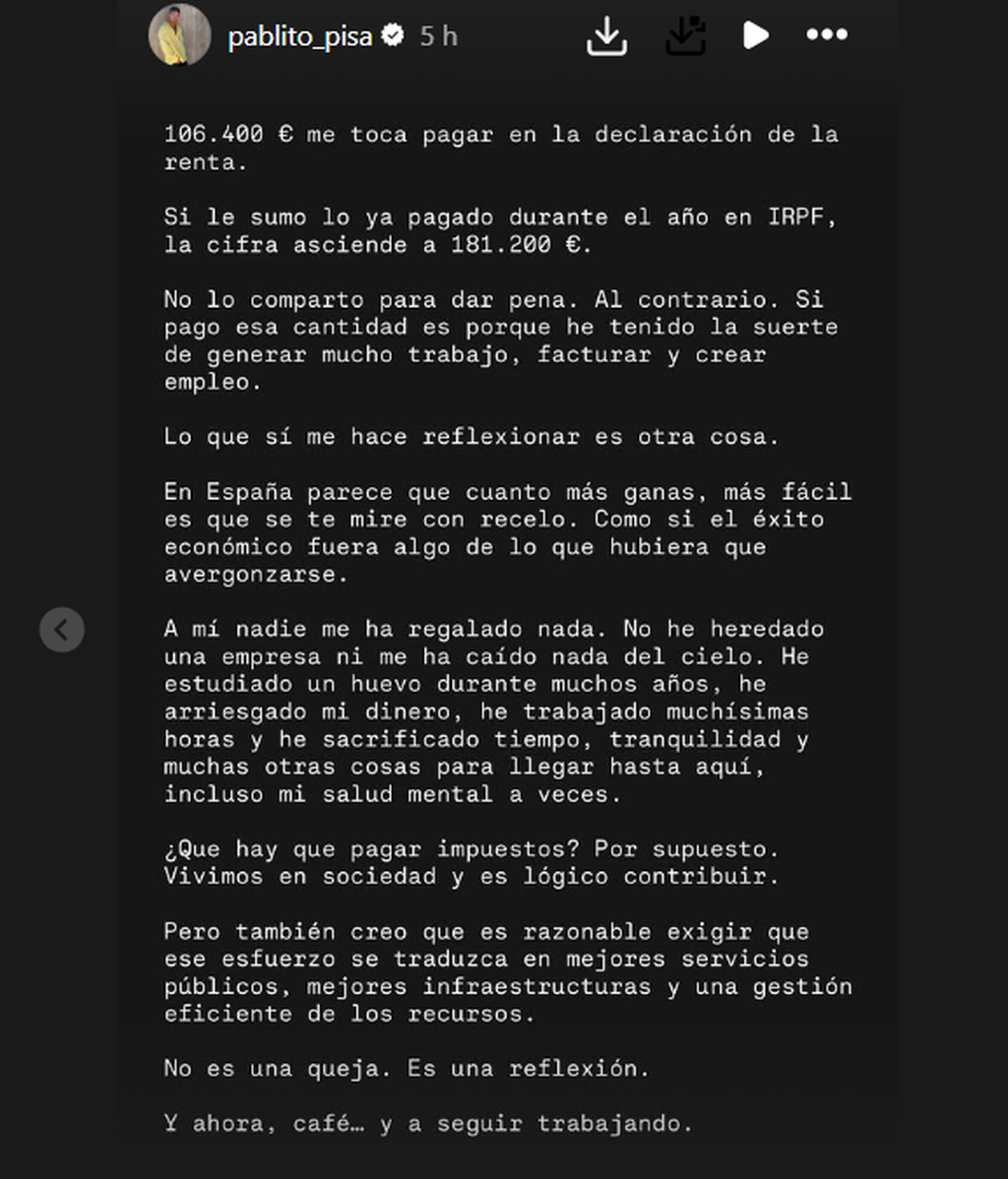 El comunicado de Pablo Pisa sobre el dinero que tiene que pagar a Hacienda