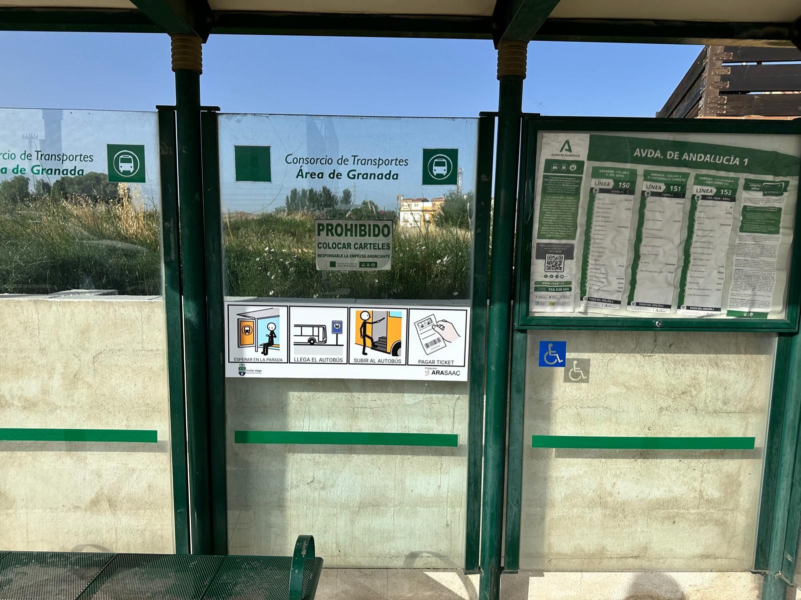 Elementos pictográficos secuenciados en una marquesina de autobús