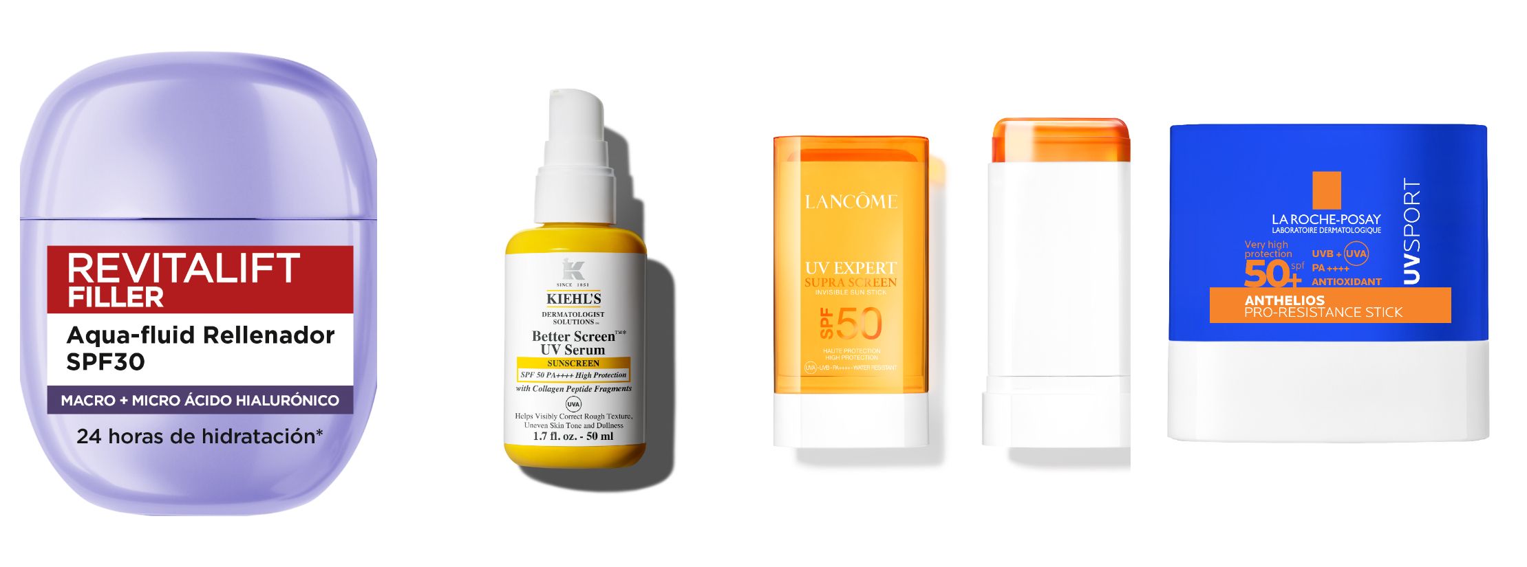 L’Oréal Paris Revitalift Filler Aqua-Fluid Rellenador SPF30, Kiehl’s Better Screen UV Serum SPF 50 PA++++ High Protection, Lancôme UV Expert Supra Screen Invisible Sun Stick SPF 50 y La Roche-Posay Anthelios UV Sport Pro-Resistance Stick SPF 50+