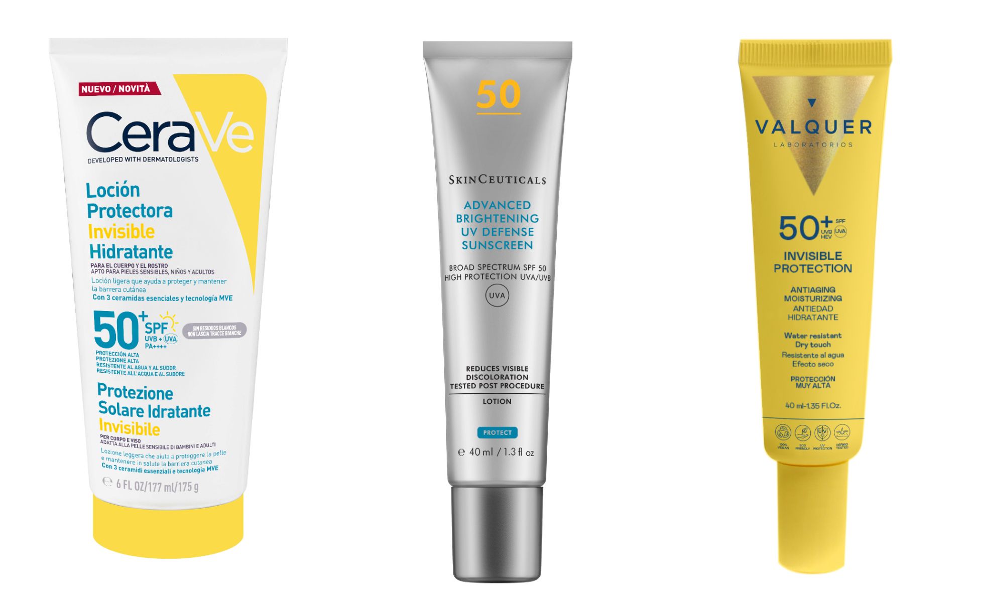 Loción Protectora Invisible Hidratante SPF50+, de Cerave, Advanced Brightening Uv Defense Sunscreen Spf 50, de SkinCeuticals, y Sérum Facial Invisible Protection SPF 50+. ed Valquer