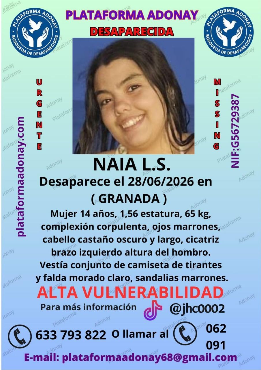 Cartel de Adonay sobre la desaparición de Naia en Granada