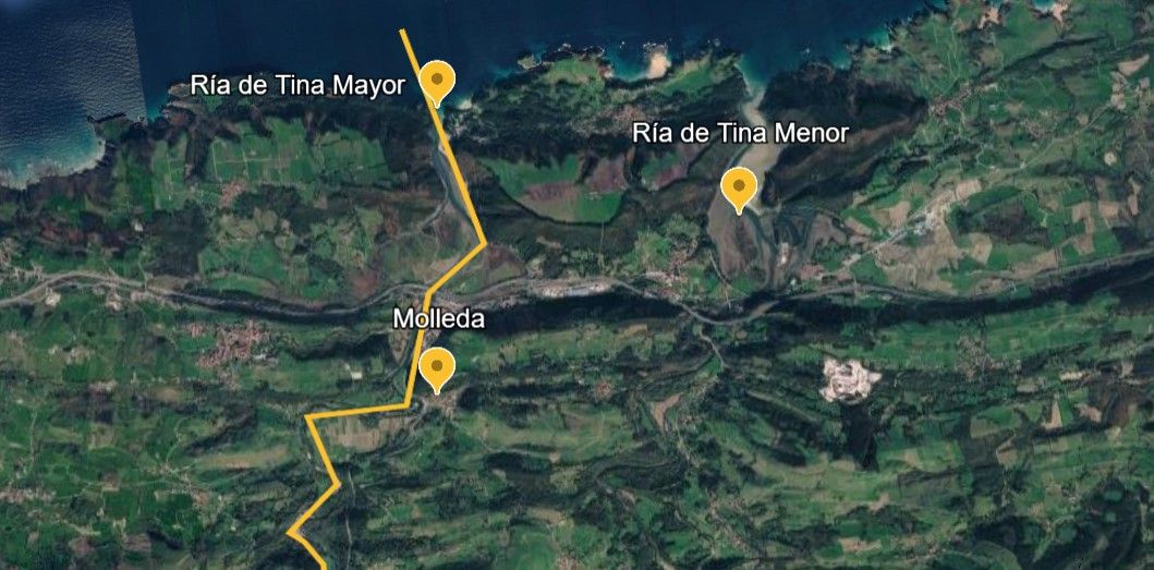Mapa de la búsqueda de Laura: recorrido del río Deva y puntos de interés, como Tina Mayor y Tina Menor
