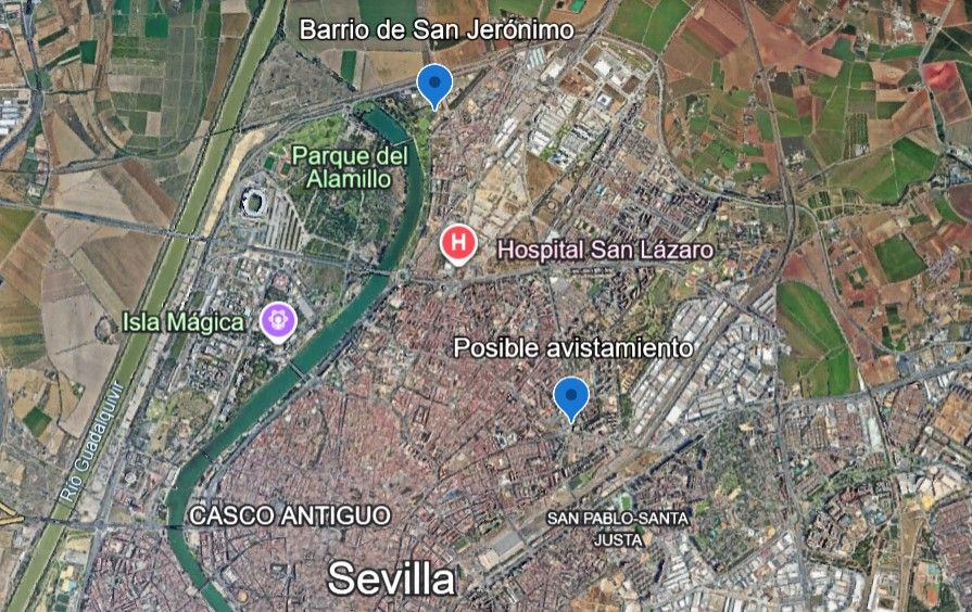 Desaparición de Eugenio en el barrio sevillano de San Jerónimo y punto del presunto avistamiento