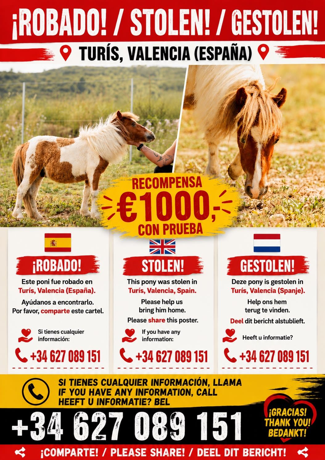 Recompensa de 1.000 euros para recuperar a El Patrón