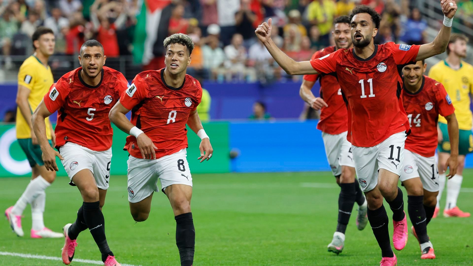 Los jugadores de Egipto celebran un gol ante Australia. Los jugadores de Egipto celebran un gol ante Australia.