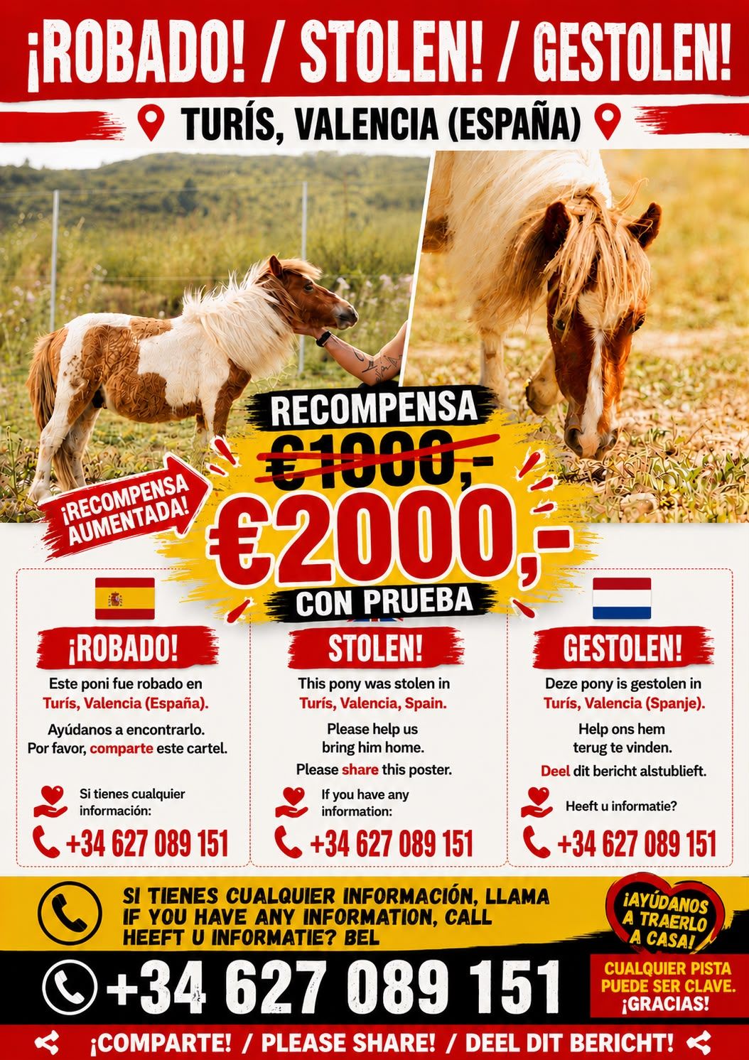 Suben a 2.000 euros la recompensa por dar una pista para recuperar a El Patrón