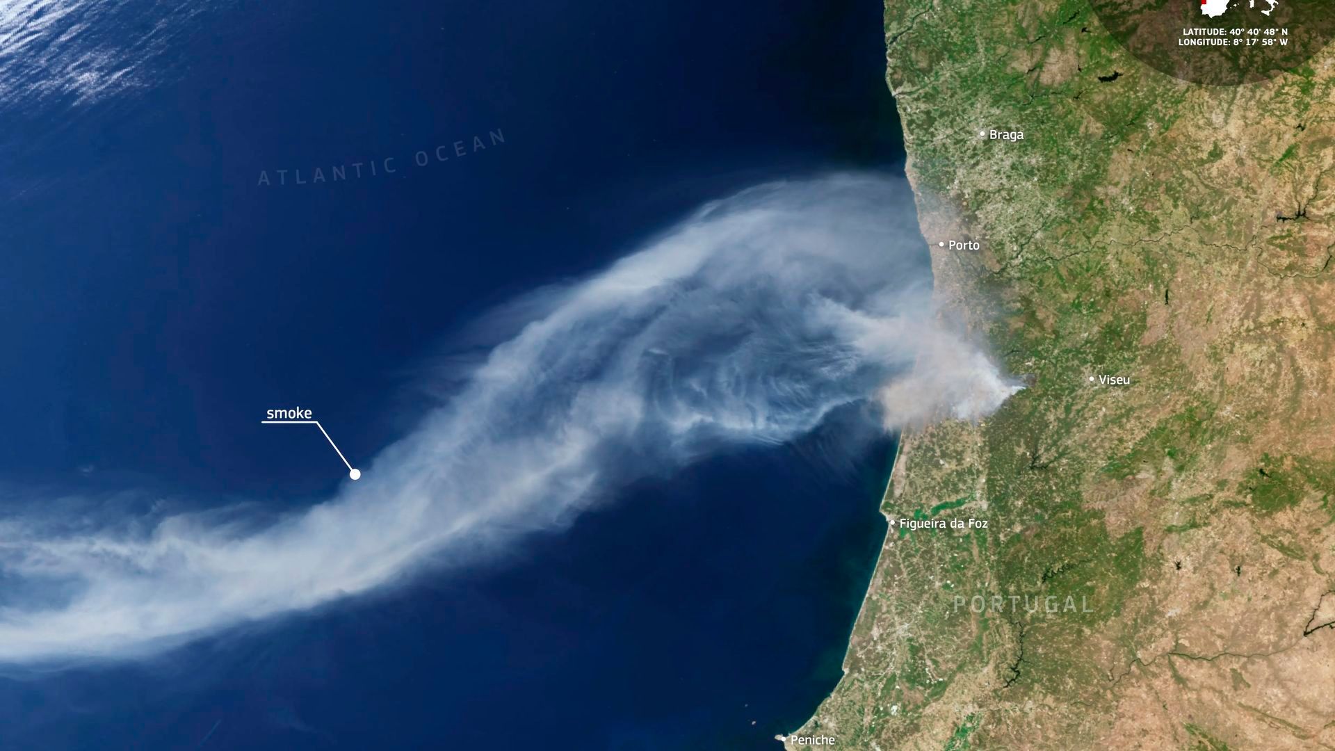 Imangen de satélite del incendio de Vouzela, en Portugal Imangen de satélite del incendio de Vouzela, en Portugal