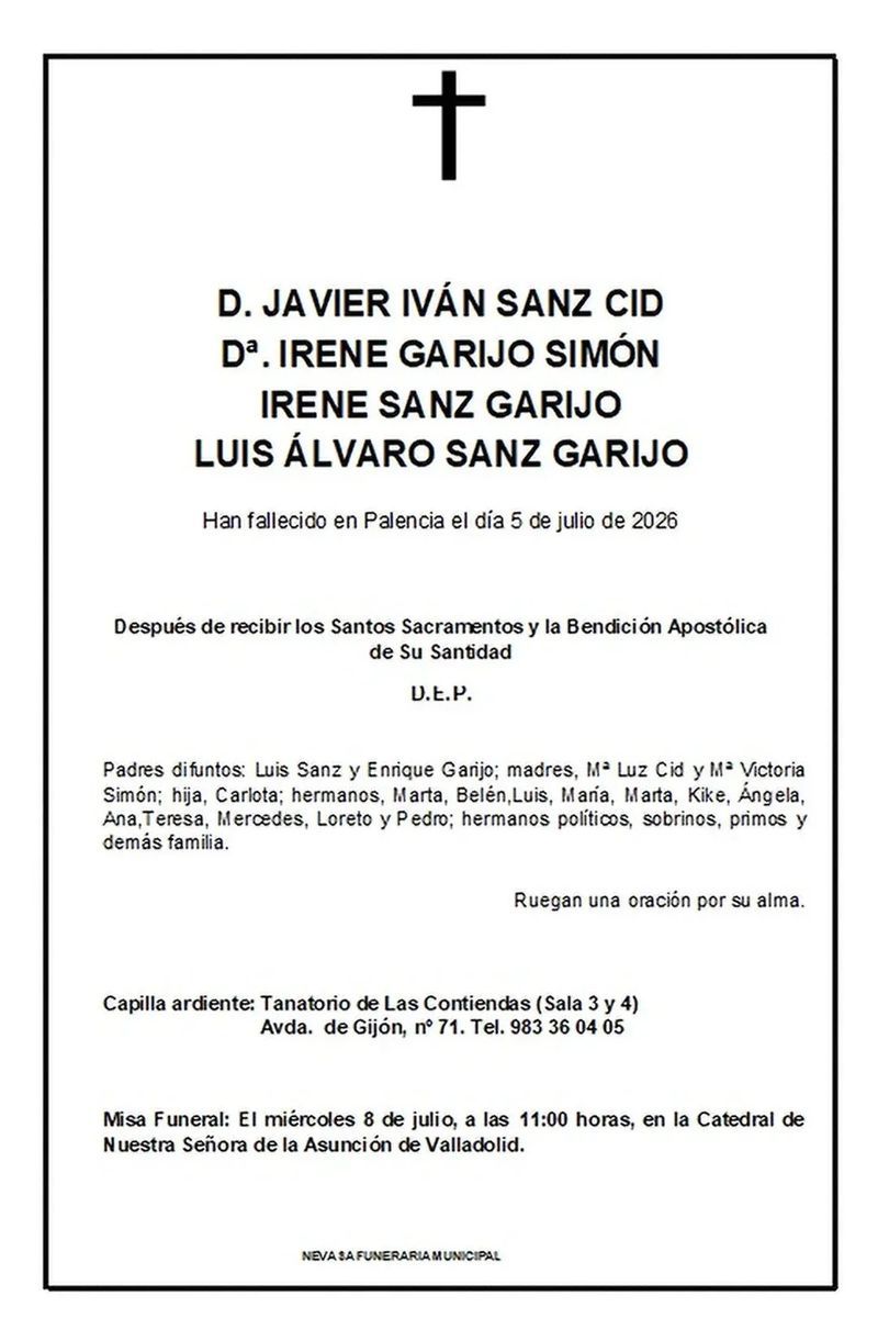 La esquela de la familia del bodeguero Iván Sanz Cid, su mujer y sus dos hijos