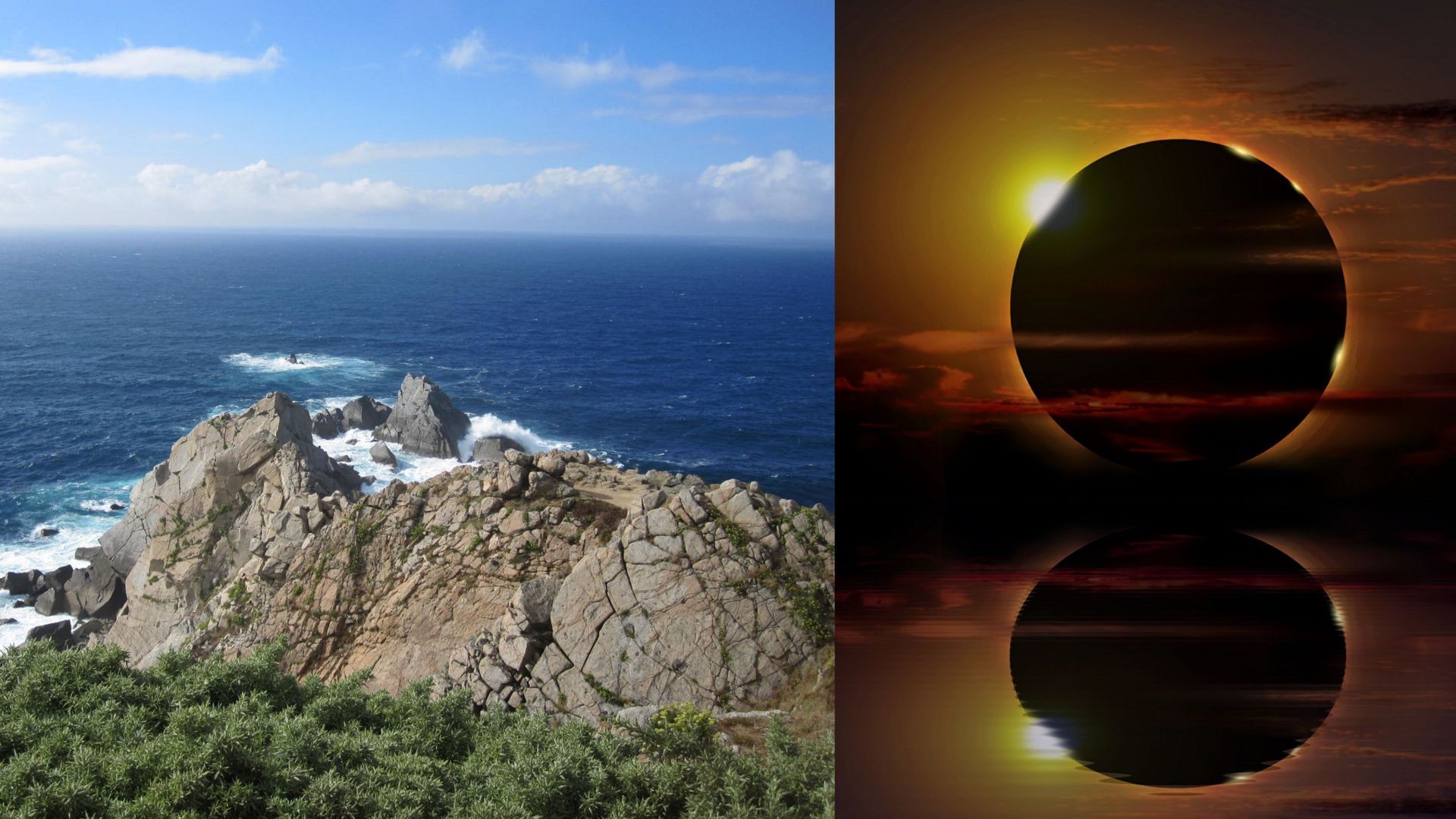 Fotomontaje con Estaca de Bares y un eclipse solar Fotomontaje con Estaca de Bares y un eclipse solar