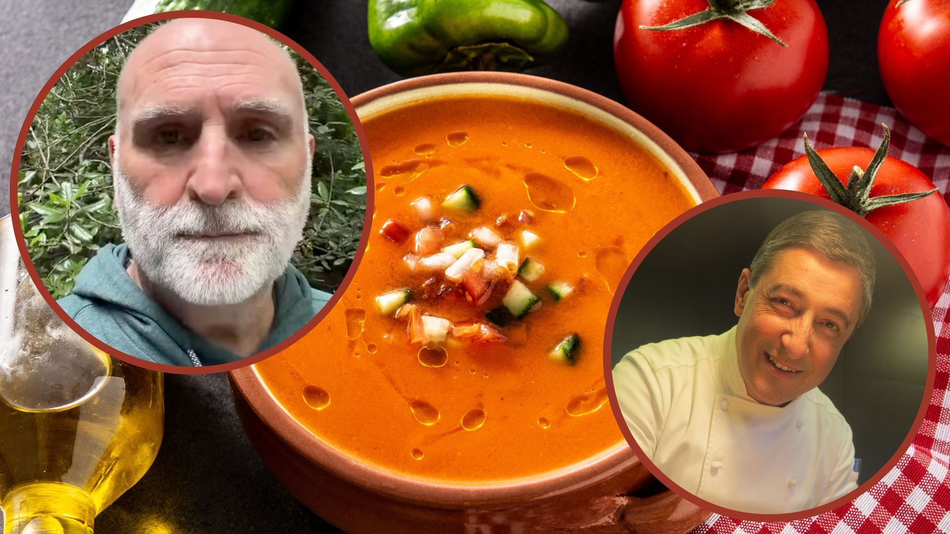 Fotomontaje con plato de gazpacho, ingredientes que lo componen y, delante, los chefs José Andrés y Joan Roca Fotomontaje con plato de gazpacho, ingredientes que lo componen y, delante, los chefs José Andrés y Joan Roca