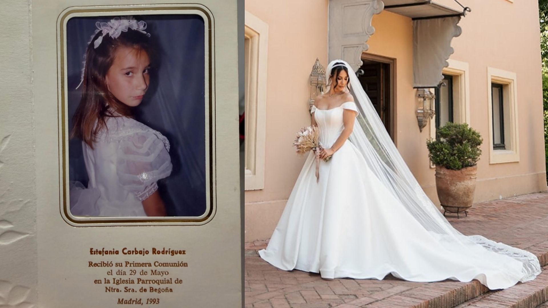 Fani Carbajo, en su Primera Comunión y, 33 años después, en su boda