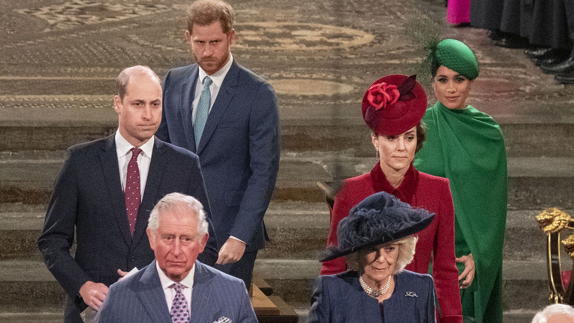 Harry, Meghan Markle, Guillermo, Kate Middleton, Carlos III y Camilla, en una imagen de archivo