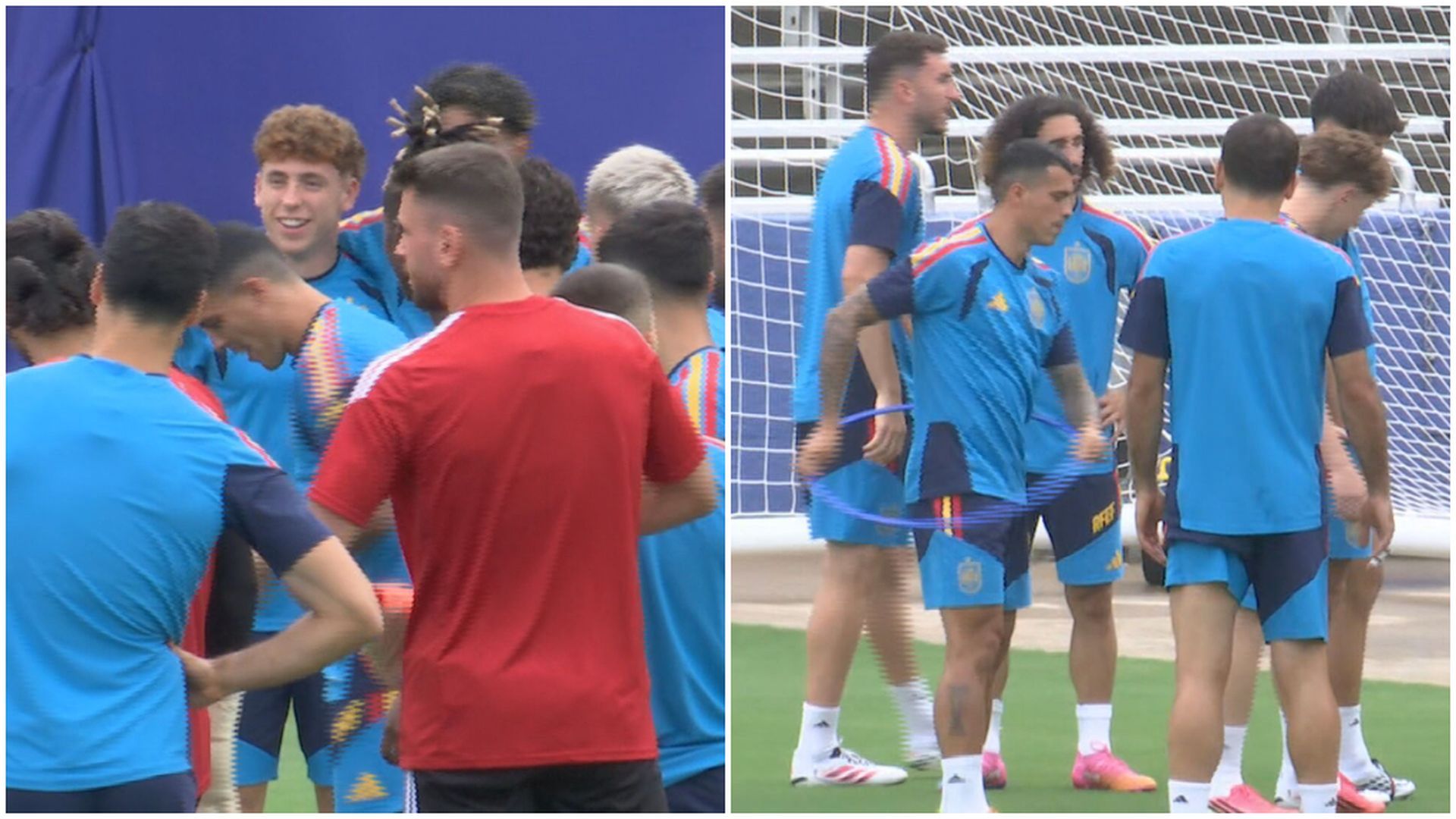 Lamine Yamal, Víctor Muñoz y Pedro Porro en el entreno de la Selección