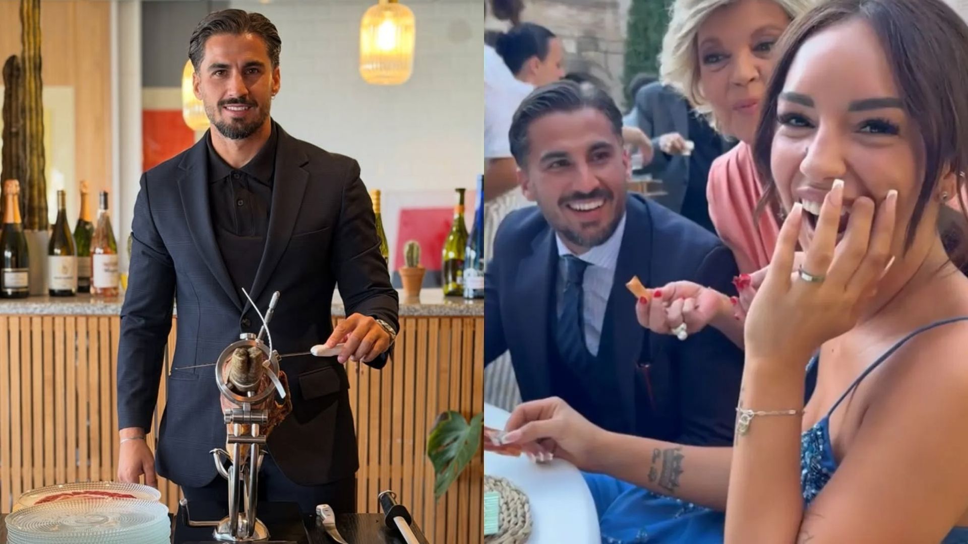 José Navarro posando con una jamón y en la boda de Almácor junto a Terelu y Anita Williams