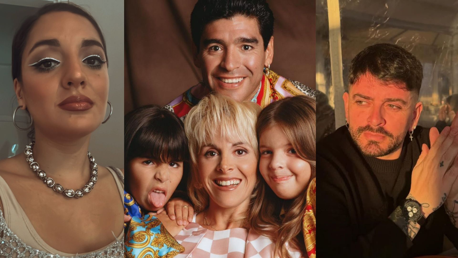 Fotomontaje en el que aparecen, en este orden, Jana Maradona, Diego y Claudia con sus dos hijas, Dalma y Gianinna, y Diego Jr. Maradona Fotomontaje en el que aparecen, en este orden, Jana Maradona, Diego y Claudia con sus dos hijas, Dalma y Gianinna, y Diego Jr. Maradona