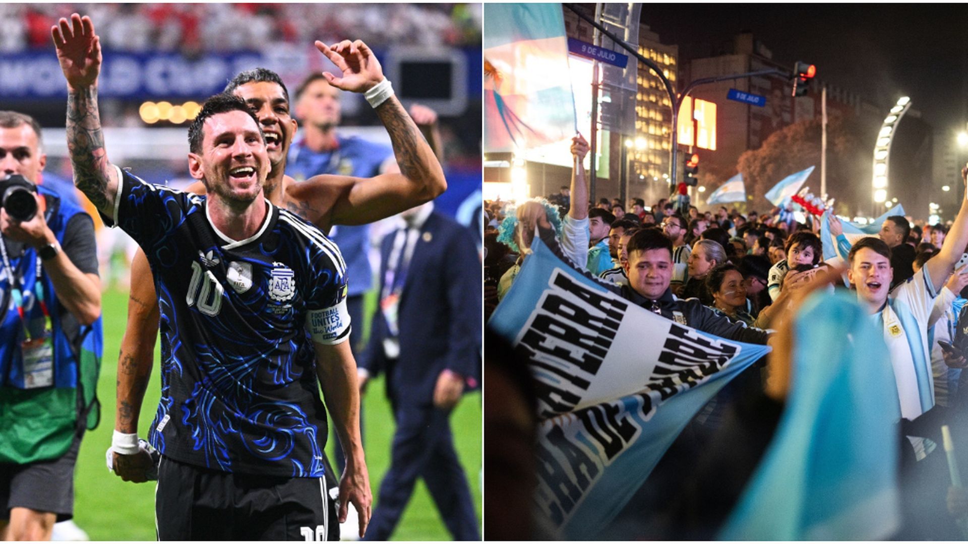Lionel Messi y aficionados argentinos celebrando el pase a la final Lionel Messi y aficionados argentinos celebrando el pase a la final