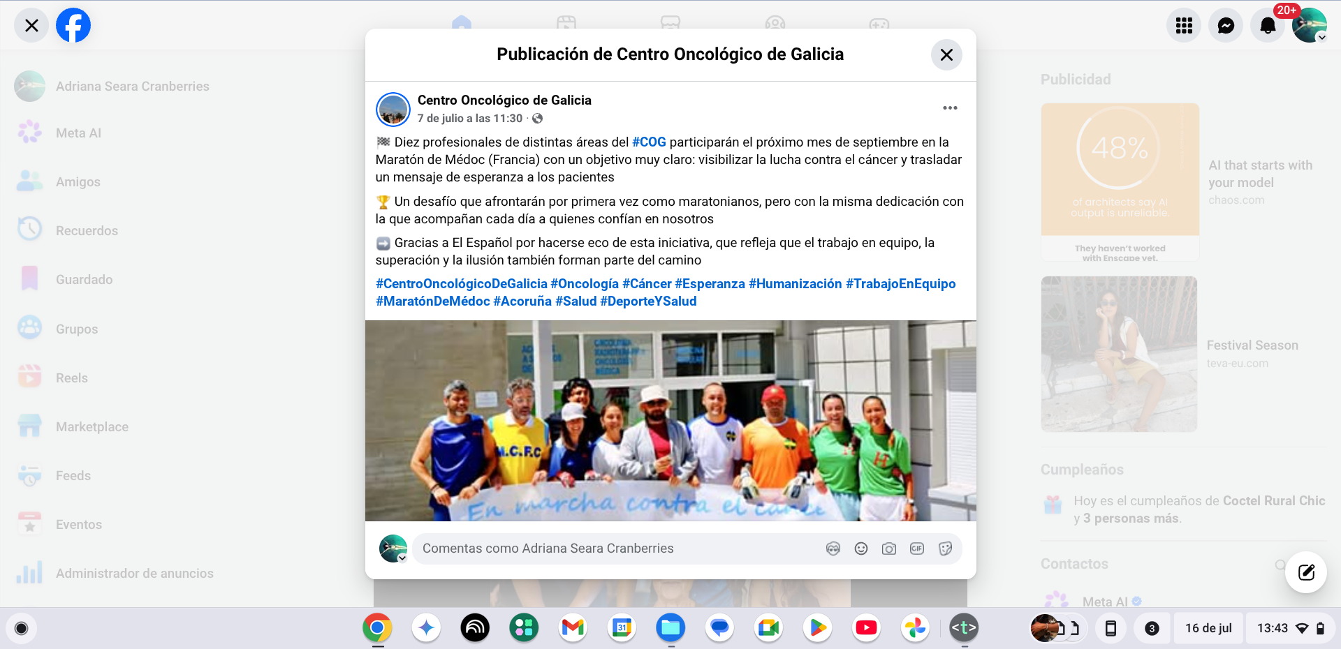Publicación en Facebook del Hospital Oncológico