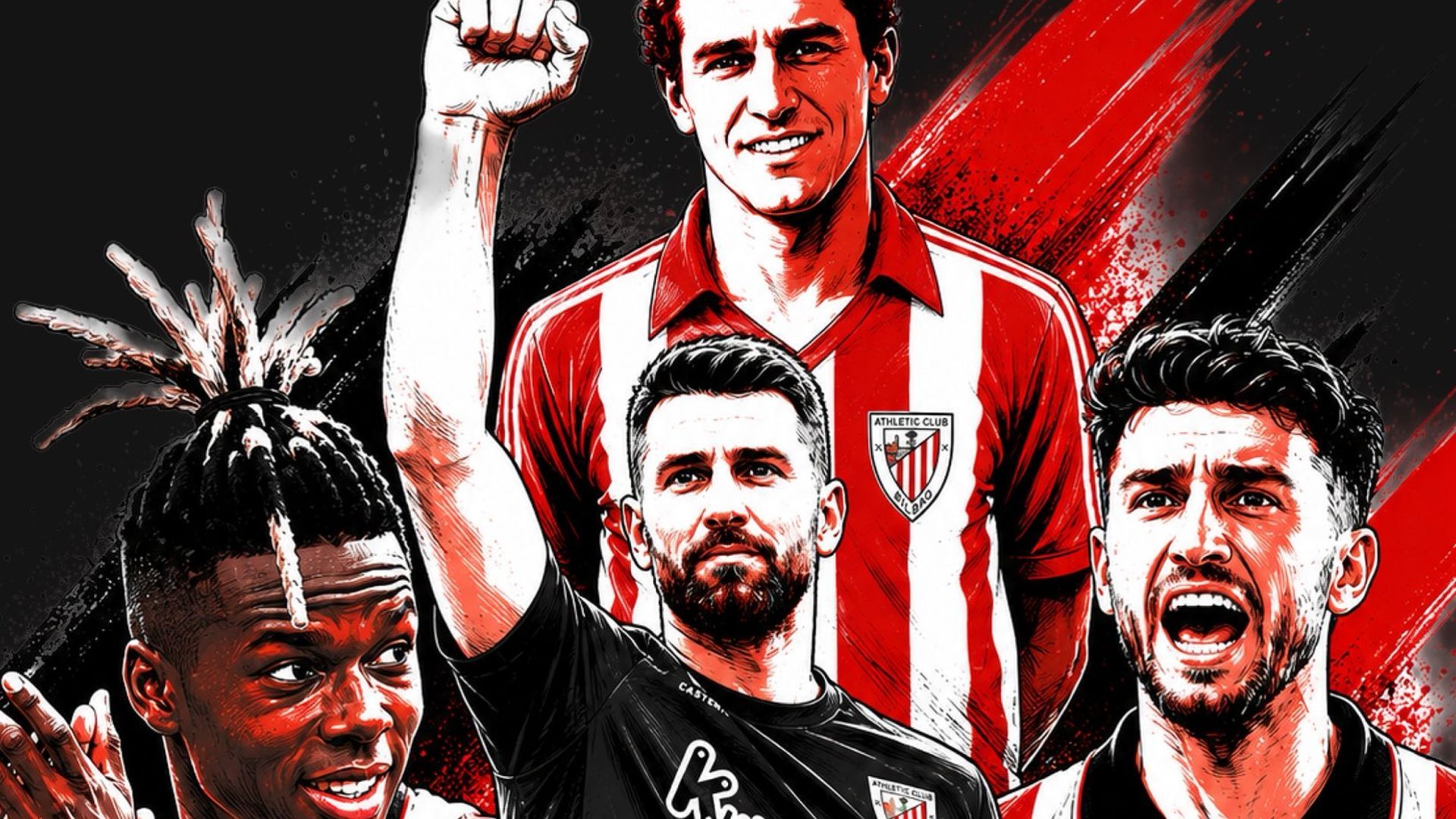 Luis de la Fuente, Nico Williams, Unai Simón y Aymeric Laporte, con el Athletic. Luis de la Fuente, Nico Williams, Unai Simón y Aymeric Laporte, con el Athletic.