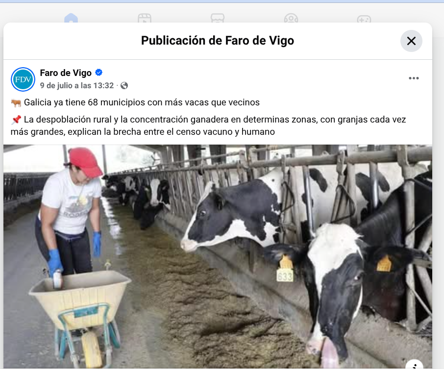 Noticia sobre la despoblación en Galicia publicada en el Facebook de O Faro de Vigo