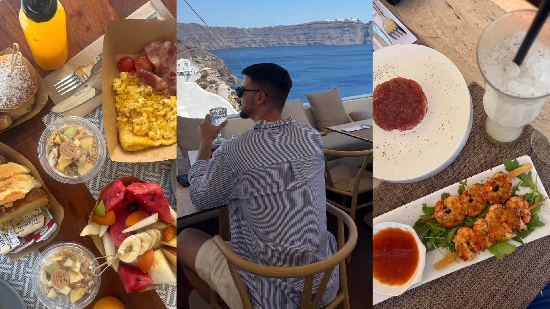 Rosario y Stiven en Grecia, comiendo con vistas al mar