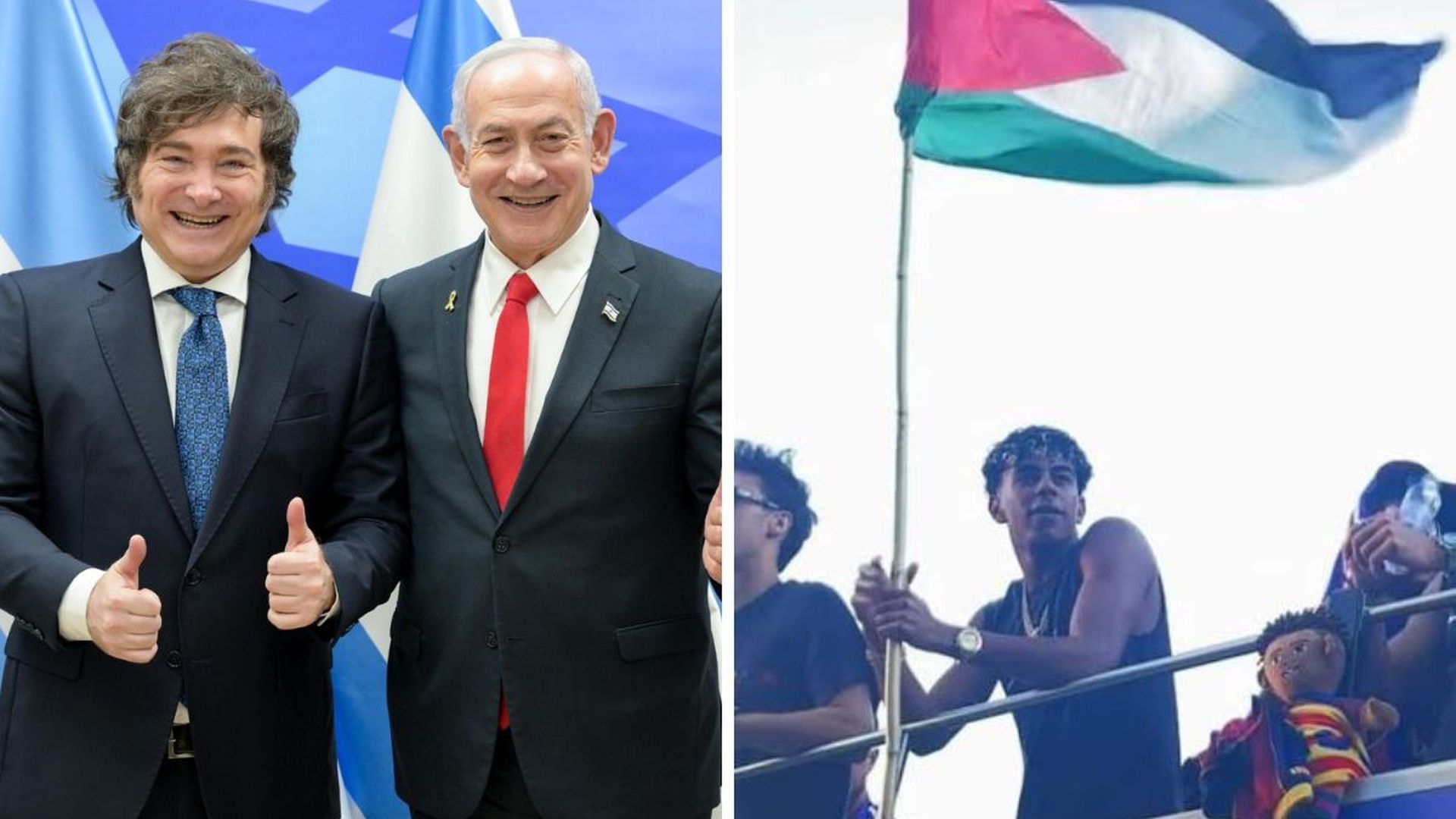Javier Milei y Benjamin Netanyahu y Lamine Yamal con la bandera de Palestina Javier Milei y Benjamin Netanyahu y Lamine Yamal con la bandera de Palestina