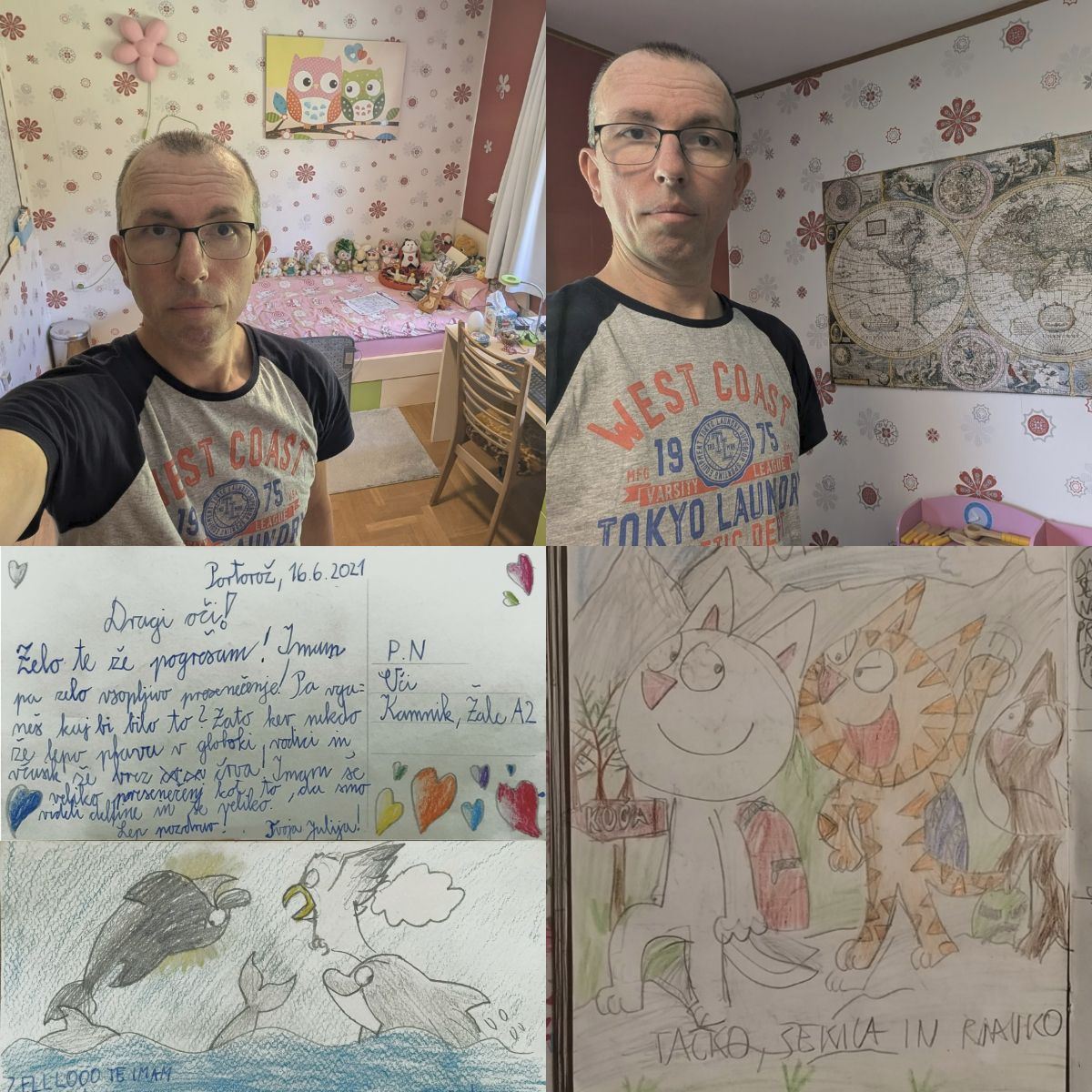 Peter Pogačar, en la habitación de Julija este 2026; adjuntos varios dibujos de la menor